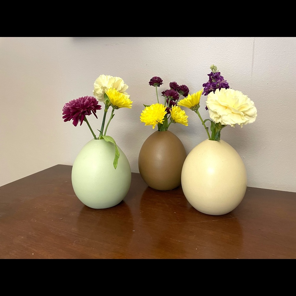 West Elm Egg Shape Bud Vases 3 sold as set Cream Green and Light Brown Ceramic
